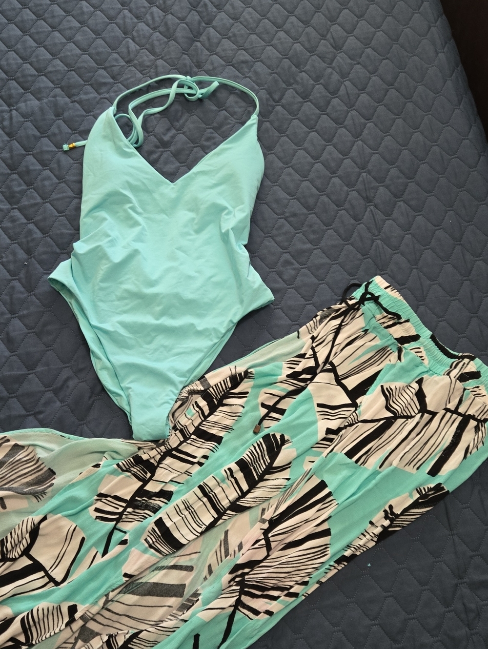 Trina Turk Aqua One-Piece Swimsuit with Printed Cover-Up
